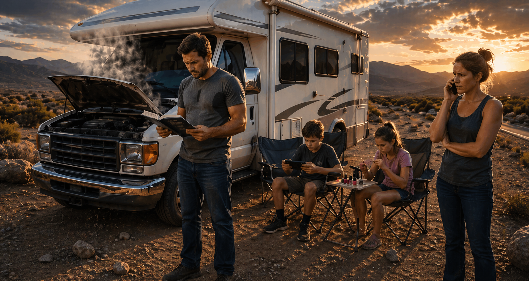 Broken-down RV at roadside with family nearby